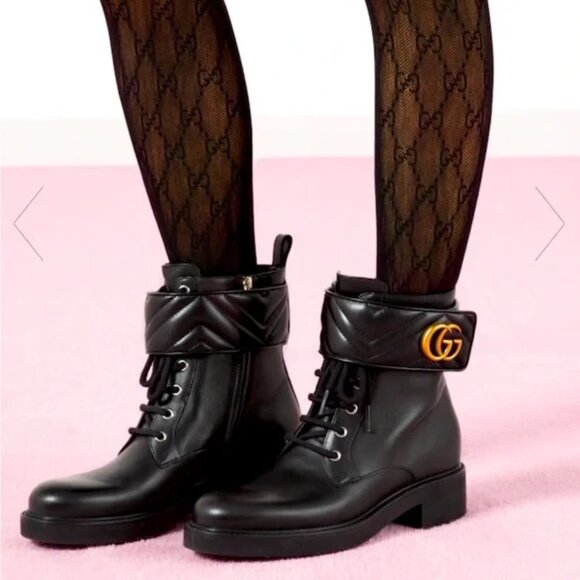 Gucci GG Logo Metalasse Leather Strap Combat Lace Up Ankle Bootie Boots - Picture 4 of 16
